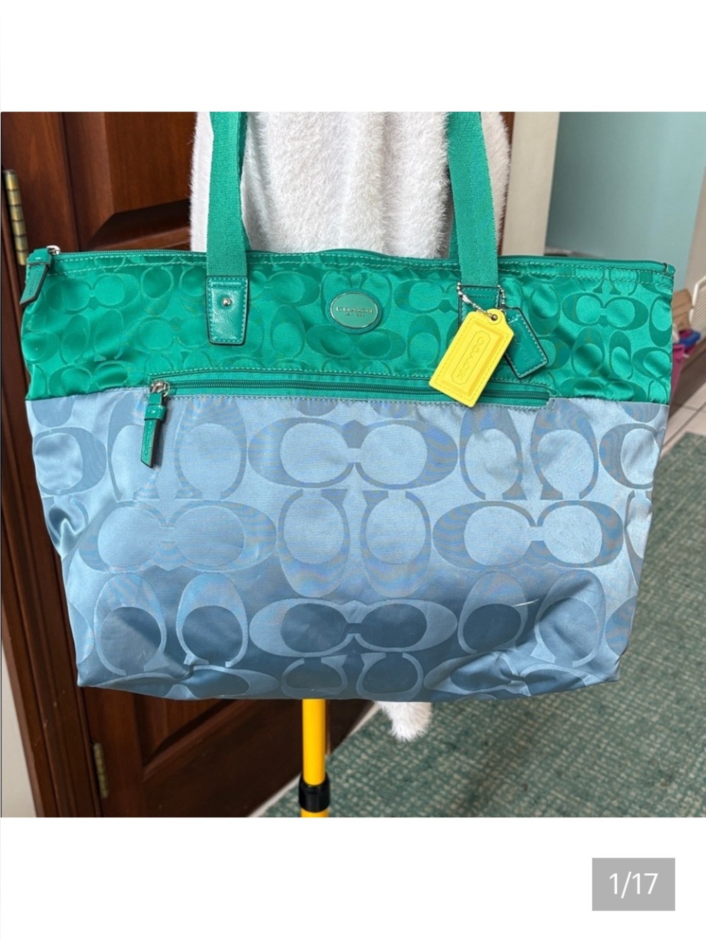 Coach Signature monogram Tote HD nylon teal light blue large shoulder bag EUC - Picture 1 of 17